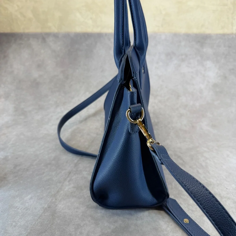 Fable England Satchel Handbag Women Medium Navy Blue Bee Charm Vegan Leather